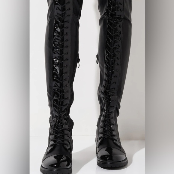 Azalea Wang thigh high Black stretch Faux Patent Lace Up Over Knee combat Boots - Picture 2 of 14